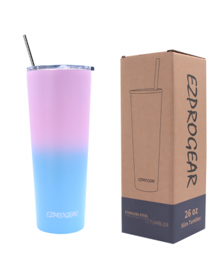 Ezprogear 26 oz Stainless Steel Slim Skinny Pink Lavender/Blue Cornflower Water Tumbler Vacuum Insulated with Straw (26 oz, Lavender/Cornflower)