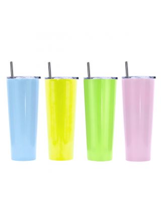 Ezprogear 4 Pack 26 oz Stainless Steel 26 Double Wall Slim Skinny Tumbler Glossy Lemon Yellow, Lime Green, Sky Blue, Carnation with Lid and Straw