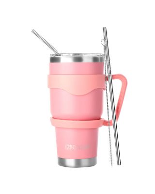 Ezprogear 30 oz Pink Stainless Steel Tumbler Double Wall Vacuum Insulated with Straws and Handle