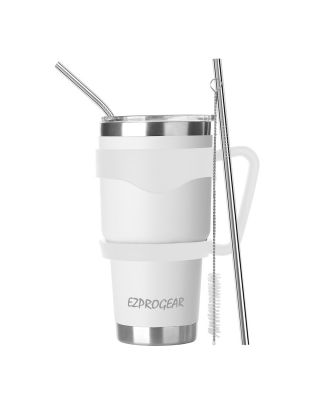 Ezprogear 30 oz White Stainless Steel Tumbler Double Wall Vacuum Insulated with Straws and Handle