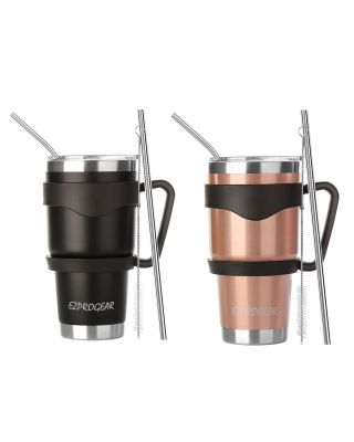 Ezprogear 30 oz 2 Pack Black and Rose Gold Stainless Steel Tumbler Double Wall Vacuum Insulated with Straws and Handle