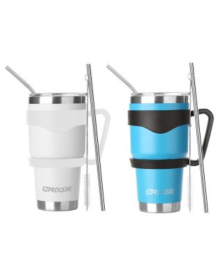 Ezprogear 30 oz 2 Pack white and Sky Blue Stainless Steel Tumbler Double Wall Vacuum Insulated with Straws and Handle