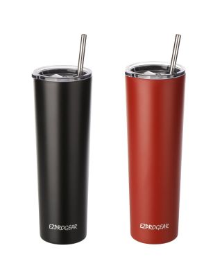 Ezprogear 34oz 2-pack Matte Black and Cherry Stainless Steel Slim Skinny Tumbler Vacuum Insulated with Straws 