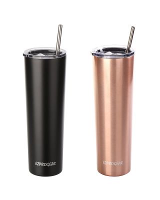 Ezprogear 34oz 2-pack Matte Black and Rose Gold Stainless Steel Slim Skinny Tumbler Vacuum Insulated with Straws 