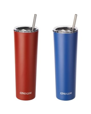 Ezprogear 34oz 2-pack Matte Cherry and Sapphire Stainless Steel Slim Skinny Tumbler Vacuum Insulated with Straws 