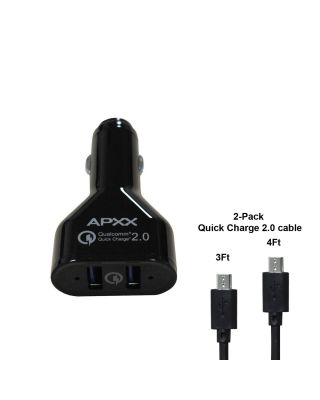 APXX UCQ2-2A 2-port Quick Charge 2.0 USB Car Charger bundle with 2 QC2.0 Micro USB Cable