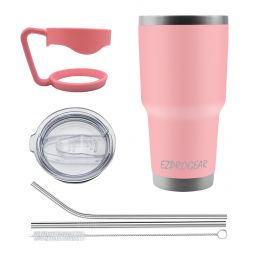 Ezprogear 30 oz Insulated Stainless Steel Tumbler Travel Cup with Handle, Lid & Straw - Double Walled Vacuum Thermos for Coffee, Tea & Water (Pink) EZT30-PINK