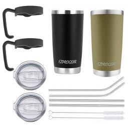 EZ ProGear 20 oz 2 Pack Black and Olive Green Stainless Steel Tumbler w/Lids, Handle & Straws Travel Coffee Mug