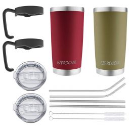EZ ProGear 20 oz 2 Pack Cherry and Olive Green Stainless Steel Tumbler w/Lids, Handle & Straws Travel Coffee Mug