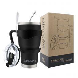 Ezprogear 30 oz Insulated Stainless Steel Tumbler Travel Cup with Handle, Lid & Straw - Double Walled Vacuum Thermos for Coffee, Tea & Water (Matte Black) EZT30-MBK
