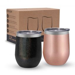 Ezprogear Glitter Black/ Rose Gold Stainless Steel Wine Tumbler Glasses 12 oz Double Wall Vacuum Insulated Travel Cup 2 Pack with Slider Lid for Coffee, Ice Cream, Cocktails
