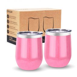Ezprogear Peach Pink Stainless Steel Wine Tumbler Glasses 12 oz Double Wall Vacuum Insulated Travel Cup 2 Pack with Slider Lid for Coffee, Ice Cream, Cocktails