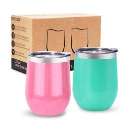 Ezprogear Peach Pink/Spearmint Stainless Steel Wine Tumbler Glasses 12 oz Double Wall Vacuum Insulated Travel Cup 2 Pack with Slider Lid for Coffee, Ice Cream, Cocktails