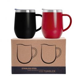 2 Pack 12 oz Handle  Black/Cherry Stainless Steel Mug Cup with Lid Double Wall Insulated