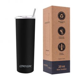 Ezprogear 20 oz Stainless Steel Slim Skinny Black Insulated Tumbler with 2 Straws, Brush and Lid
