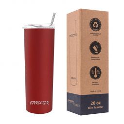 Ezprogear 20 oz Cherry Red Stainless Steel Skinny Insulated Tumbler 2 Straws, Brush, Lid