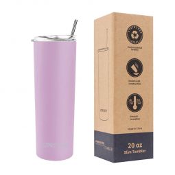 Ezprogear 20 oz Stainless Steel Slim Skinny Insulated Tumbler Purple Cup with 2 Straws, Brush and Lid