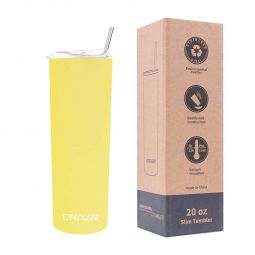 Ezprogear 20 oz Stainless Steel Slim Skinny Tumbler Neon Yellow Water Cup with 2 Straws, Brush and Lid
