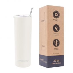 Ezprogear 20 oz Stainless Steel Slim Skinny White Insulated Tumbler With 2 Straws, Brush and Lid