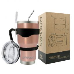 Ezprogear 30 oz Rose Gold Stainless Steel Tumbler Double Wall Vacuum Insulated with Straws and Handle