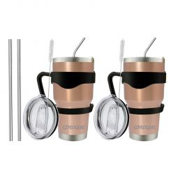 Ezprogear 30 oz 2 Pack Rose Gold Stainless Steel Tumbler Double Wall Vacuum Insulated with Straws and Handle