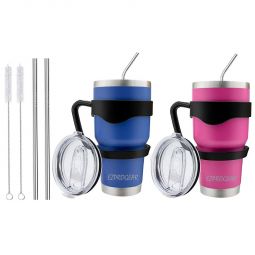 Ezprogear 30 oz 2 Pack Blue and Magenta Stainless Steel Tumbler Double Wall Vacuum Insulated with Straws and Handle