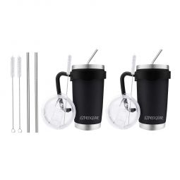 EZ ProGear 20 oz 2 Pack Black Stainless Steel Tumbler w/Lids, Handle & Straws Travel Coffee Mug