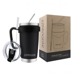 Ezprogear 20 oz Insulated Stainless Steel Tumbler Travel Cup with Handle, Lid & Straw - Double Walled Vacuum Thermos for Coffee, Tea & Water (Matte Black) 