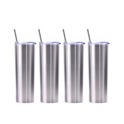 Ezprogear 20 oz Stainless Steel Glossy 4 Pack Double Wall Vacuum Insulated Slim Skinny Travel Mug Water Tumbler with Lid and Straw (Glossy Stainless)