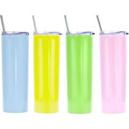 Ezprogear 20 oz Stainless Steel Glossy 4 Pack Double Wall Vacuum Insulated Slim Skinny Travel Mug Water Tumbler with Lid and Straw (Glossy  LY/LG/SB/CN)