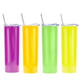 Ezprogear 20 oz Stainless Steel Glossy 4 Pack Double Wall Vacuum Insulated Slim Skinny Travel Mug Water Tumbler with Lid and Straw (Glossy Magenta/Mango/Lime Green/Lemon Yellow)