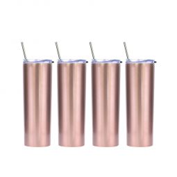Ezprogear 20 oz Stainless Steel Glossy 4 Pack Double Wall Vacuum Insulated Slim Skinny Travel Mug Water Tumbler with Lid and Straw (Glossy Rose Gold)