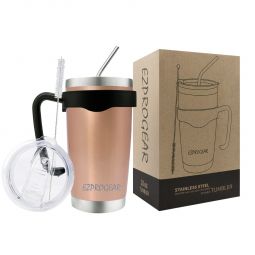 Ezprogear 20 oz Stainless Steel Tumbler Double Wall Vacuum Insulated with Straws and Handle (20 oz, Rose Gold)