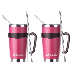 EZ ProGear20 oz 2 Pack Magenta Stainless Steel Tumbler w/Lids, Handle & Straws Travel Coffee Mug