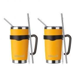 EZ ProGear 20 oz 2 Pack Mango Stainless Steel Tumbler w/Lids, Handle & Straws Travel Coffee Mug