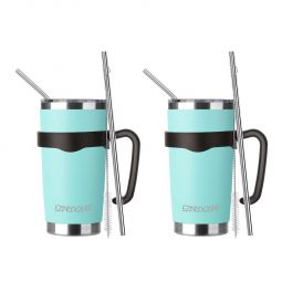 EZ ProGear20 oz 2 Pack Mint Stainless Steel Tumbler w/Lids, Handle & Straws Travel Coffee Mug