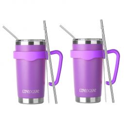 EZ ProGear 20 oz 2 Pack Purple Stainless Steel Tumbler w/Lids, Handle & Straws Travel Coffee Mug  