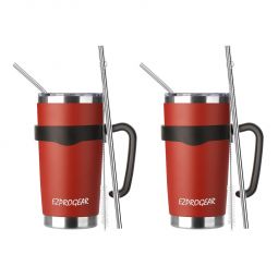 EZ ProGear20 oz 2 Pack Red Stainless Steel Tumbler w/Lids, Handle & Straws Travel Coffee Mug