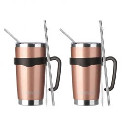 EZ ProGear20 oz 2 Pack Rose Gold Stainless Steel Tumbler w/Lids, Handle & Straws Travel Coffee Mug