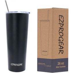 Ezprogear 26 oz Stainless Steel Slim Skinny Water Tumbler Vacuum Insulated w/Straw (Black)