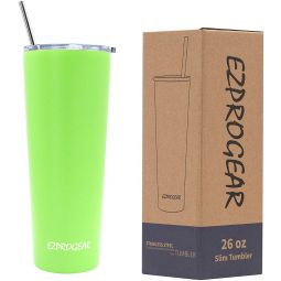 Ezprogear 26 oz Stainless Steel Slim Skinny Water Tumbler Vacuum Insulated w/Straw (Lime Green)