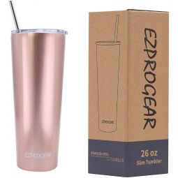 Ezprogear 26 oz Stainless Steel Slim Skinny Water Tumbler Vacuum Insulated w/Straw (Rose Gold)