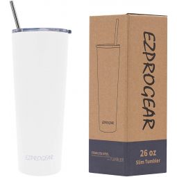 Ezprogear 26 oz Stainless Steel Slim Skinny White Water Tumbler Vacuum Insulated w/Straw