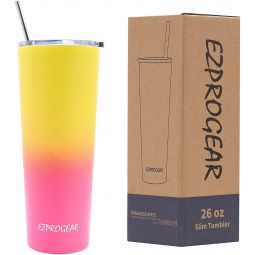 Ezprogear 26 oz Stainless Steel Slim Skinny Water Tumbler Vacuum Insulated w/Straw (Yellow/Rose Pink)