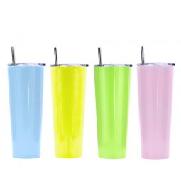 Ezprogear 4 Pack 26 oz Stainless Steel 26 Double Wall Slim Skinny Tumbler Glossy Lemon Yellow, Lime Green, Sky Blue, Carnation with Lid and Straw