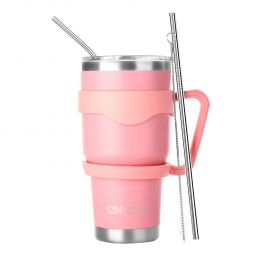 Ezprogear 30 oz Pink Stainless Steel Tumbler Double Wall Vacuum Insulated with Straws and Handle