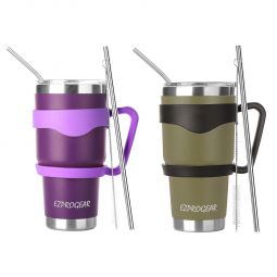 Ezprogear 30 oz 2 Pack Purple and Olive Green Stainless Steel Tumbler Double Wall Vacuum Insulated with Straws and Handle