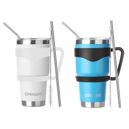 Ezprogear 30 oz 2 Pack white and Sky Blue Stainless Steel Tumbler Double Wall Vacuum Insulated with Straws and Handle