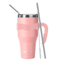 Ezprogear 40 oz Pink Stainless Steel Tumbler Double Wall Vacuum Insulated with Straws and Handle